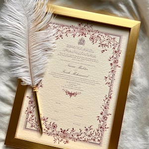 Floral Nikkah Zertifikat (Mahek Maroon), Rot A4 Islamischer Hochzeitsvertrag, Nikkah Nama, Muslimische Heiratsurkunde, personalisierte Namen