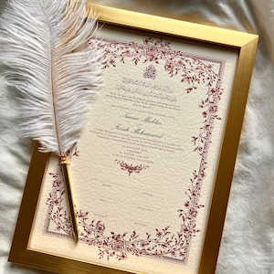 Floral Nikkah Zertifikat (Mahek Maroon), Rot A3 Islamischer Hochzeitsvertrag, Nikkah Nama, Muslimische Heiratsurkunde, personalisierte Namen