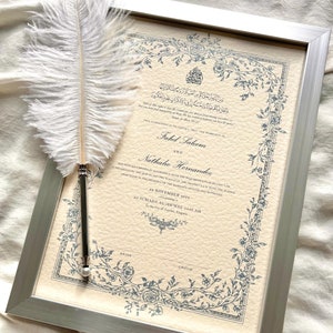 Certificado Nikkah Floral (Mahek Blue), Contrato de Boda Islámico Azul A3, Nikkah Nama, Certificado de Matrimonio Musulmán, Nombres Personalizados