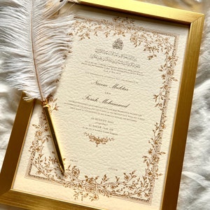 Floral A3 Nikkah-Zertifikat (Mahek Gold), Gold A3, Islamischer Hochzeitsvertrag, Nikkah Nama, Heiratsurkunde, personalisierte Namen