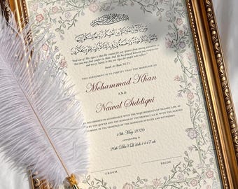 Certificado Nikkah Floral ORNATE, Contrato de boda islámico en tonos pastel A4/A3, Nikkah Nama, Certificado de matrimonio musulmán, Nombres personalizados