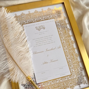 Luxus Gold Foiled A4 Nikkah Zertifikat Afreen, Gold Rahmen & Federstift, Islamischer Hochzeitsvertrag, Nikkah Nama, Muslimische Heiratsurkunde