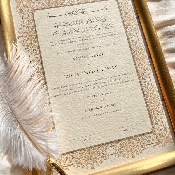 Luxury A4 Nikkah Certificate (Sultan Gold), Islamic Wedding Contract, Nikkah Nama, Muslim Marriage Certificate, Personalised Names, Gold