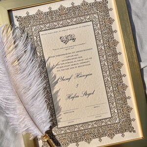 A4 Luxus deutsche Nikkah-Urkunde, Nikah Vertrag Gold, Islamische Heiratsurkunde, Federschreiber, Nikkah Nama, Hochzeits-Urkunde, Gold