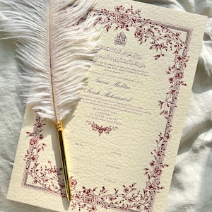 Certificado Nikkah floral (granate Mahek), contrato de boda islámico rojo A3, Nikkah Nama, certificado de matrimonio musulmán, nombres personalizados