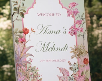 Plaque de bienvenue personnalisée Mehndi, plaque de cérémonie moderne Dholki, décoration de mariage, signalisation personnalisée Mehndi, plaque de bienvenue au henné, A3, A2, A1