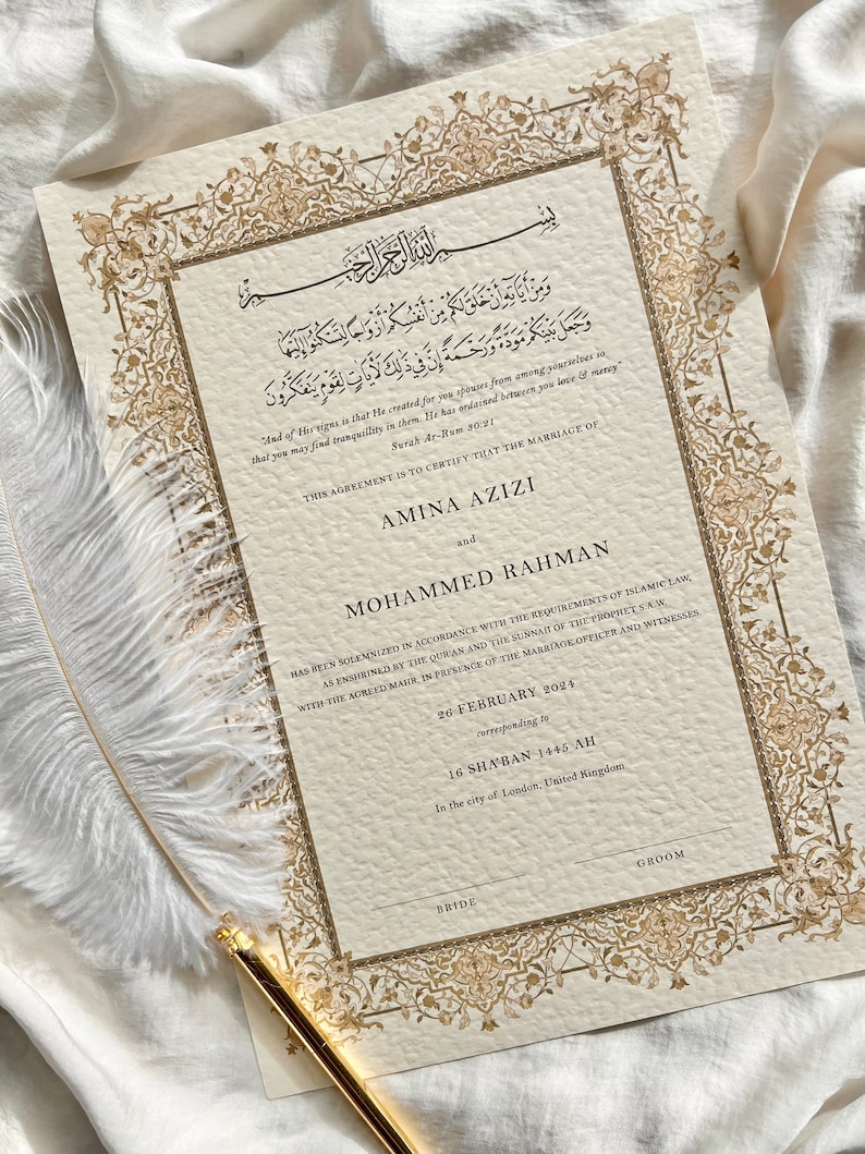 luxury nikkah certificate, nikkah contract, elegant A4 nikkah certificate with frame, custom nikkah, floral nikkah designs, wedding nikkah, personalised nikah, unique nikkah certificate, nikkah certificate with gold leaf, luxury nikah nama