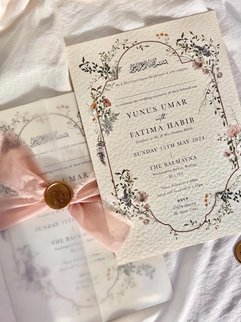 May include: A wedding invitation with a floral design. The invitation is for Yunus Umar and Fatima Habib. The wedding will take place on Sunday, May 15th, 2024 at The Balmayna in Bolton, England. The invitation includes the address and RSVP information.