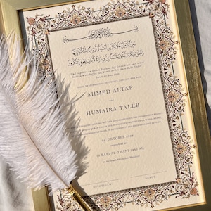 A4 Luxus deutsche Nikkah-Urkunde, Nikah Vertrag Gold, Islamische Heiratsurkunde, Federschreiber, Nikkah Nama, Hochzeits-Urkunde, Gold