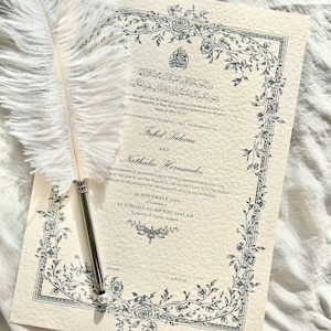Floral A3 Nikkah Zertifikat (Mahek Blau), Nikkah Nama, muslimische Heiratsurkunde, personalisierte Namen, Koran Vers Luxus