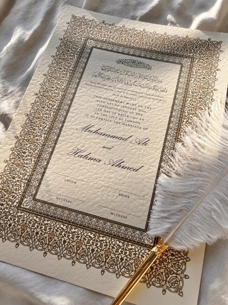 luxury nikkah certificate, nikkah contract, elegant A4 nikkah certificate with frame, custom nikkah, floral nikkah designs, wedding nikkah, personalised nikah, unique nikkah certificate, nikkah certificate with gold leaf, luxury nikah nama