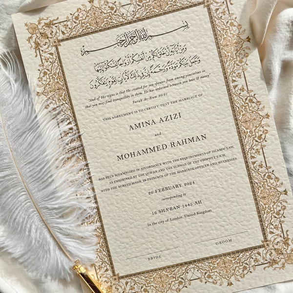 A4/A3 Luxury Nikkah Certificate (Sultan Gold), Islamic Wedding Contract, Nikkah Nama, Muslim Marriage Certificate, Personalised Names