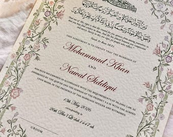 Certificato Nikkah floreale, contratto di matrimonio islamico A4/A3 pastello, Nikkah Nama, certificato di matrimonio musulmano, nomi personalizzati, versetto del Corano