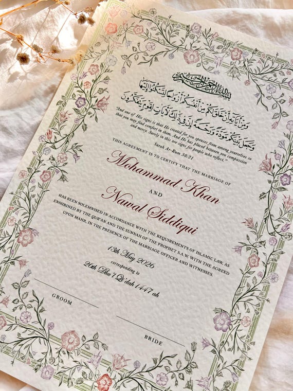 Floral Nikkah Certificate, Pastel A4/A3 Islamic Wedding Contract, Nikkah Nama, Muslim Marriage Certificate, Personalised Names, Quran Verse