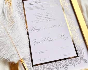 Gold Foiled A4/A3 Nikkah Certificate: Personalised Muslim Marriage Contract with Feather Pen