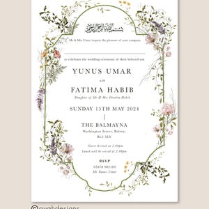 May include: A wedding invitation with a floral border. The invitation is for Yunus Umar and Fatima Habib. The wedding will be held on Sunday, May 15th, 2024 at The Balmayana in Bolton, England. The invitation includes the RSVP information and contact details.