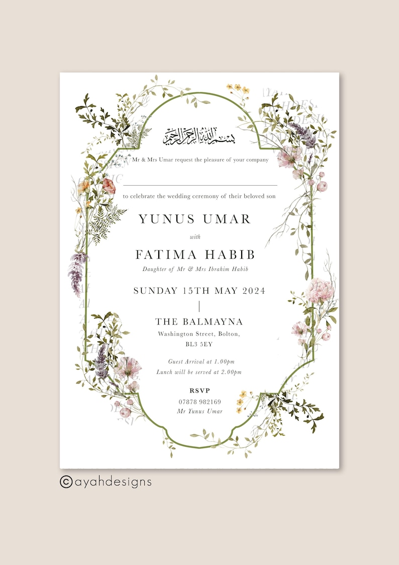 May include: A wedding invitation with a floral border. The invitation is for Yunus Umar and Fatima Habib. The wedding will be held on Sunday, May 15th, 2024 at The Balmayana in Bolton, England. The invitation includes the RSVP information and contact details.