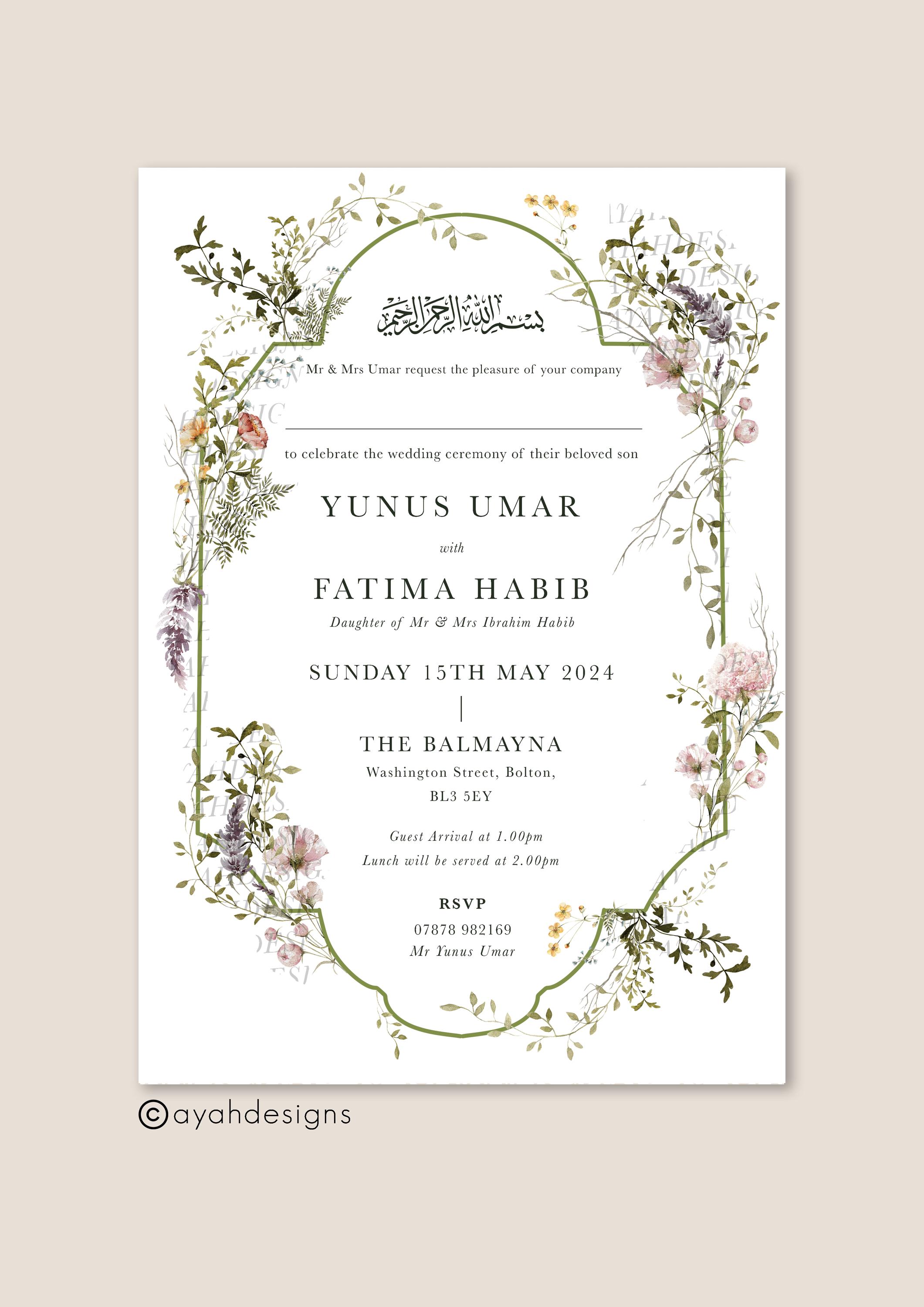 Floral Nikkah Invitation, Arabic Muslim Wedding Invite, Islamic Wedding ...
