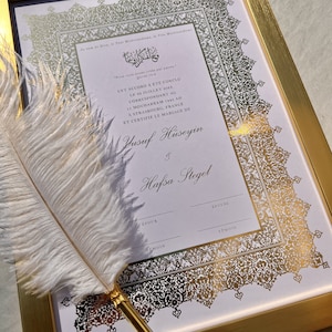 A3 Luxus Französische Nikkah Urkunde,Nikoah Kontrakt Goldfolie, Islamische Heiratsurkunde, Federstift, Nikkah Nama,Hochzeitsurkunde