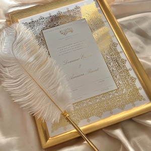 Luxury Gold Foiled A4 Nikkah Certificate Afreen, Gold Frame & Feather Pen Islamic Wedding Contract, Nikkah Nama, Muslim Marriage Certificate