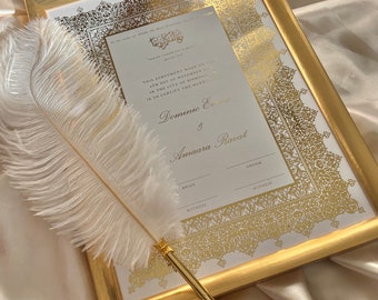 Luxe goud verijdeld A4 Nikkah-certificaat Afreen, gouden frame en verenpen Islamitisch huwelijkscontract, Nikkah Nama, moslim huwelijksakte