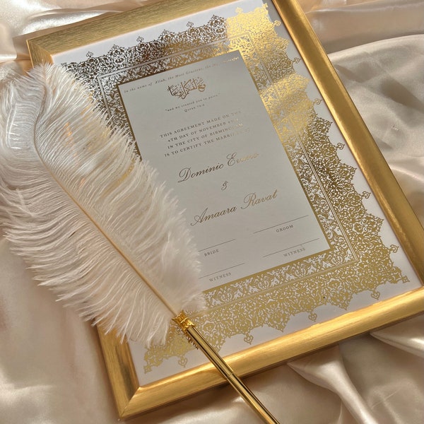 Luxury Gold Foiled A4 Nikkah Certificate Afreen, Gold Frame & Feather Pen Islamic Wedding Contract, Nikkah Nama, Muslim Marriage Certificate