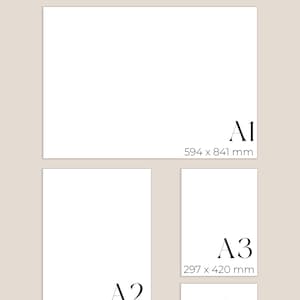 Peut inclure: Un graphique de guide des tailles avec le texte "SIZE GUIDE" en haut. Il affiche quatre formats de papier diff&eacute;rents : A1 (594 x 841 mm), A2 (420 x 594 mm), A3 (297 x 420 mm) et A4 (210 x 297 mm).