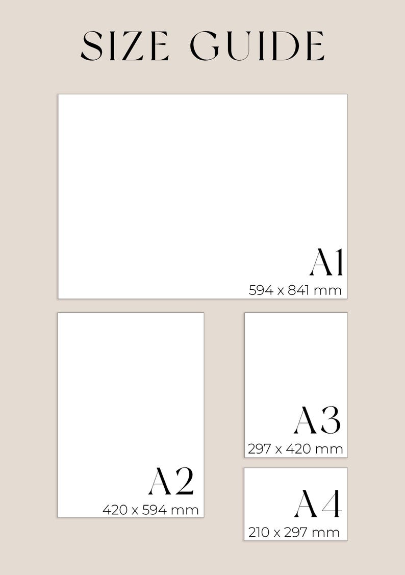 Peut inclure: Un graphique de guide des tailles avec le texte "SIZE GUIDE" en haut. Il affiche quatre formats de papier diff&eacute;rents : A1 (594 x 841 mm), A2 (420 x 594 mm), A3 (297 x 420 mm) et A4 (210 x 297 mm).