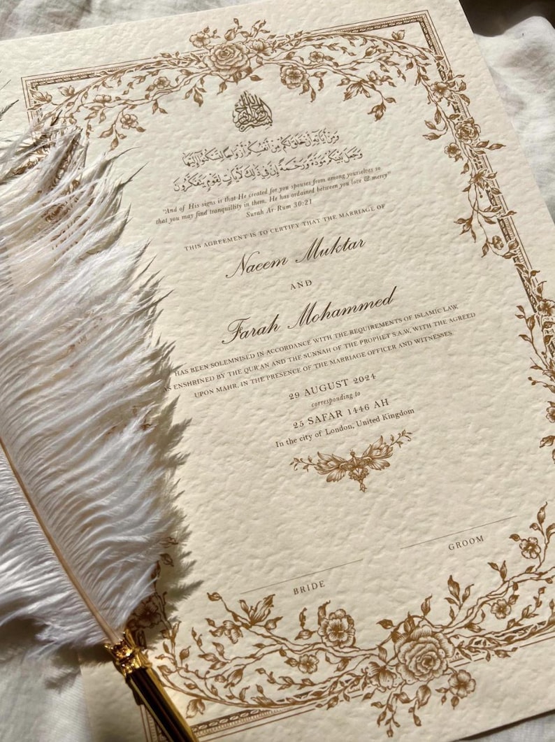 luxury nikkah certificate, nikkah contract, elegant A4 nikkah certificate with frame, custom nikkah, floral nikkah designs, wedding nikkah, personalised nikah, unique nikkah certificate, nikkah certificate with gold leaf, luxury nikah nama