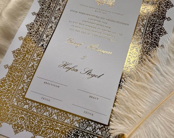 A4 Luxus deutsches foliertes Nikkah Zertifikat, Premium Islamischer Hochzeitsvertrag, Nikkah Nama, muslimische Heiratsurkunde, personalisierte Namen