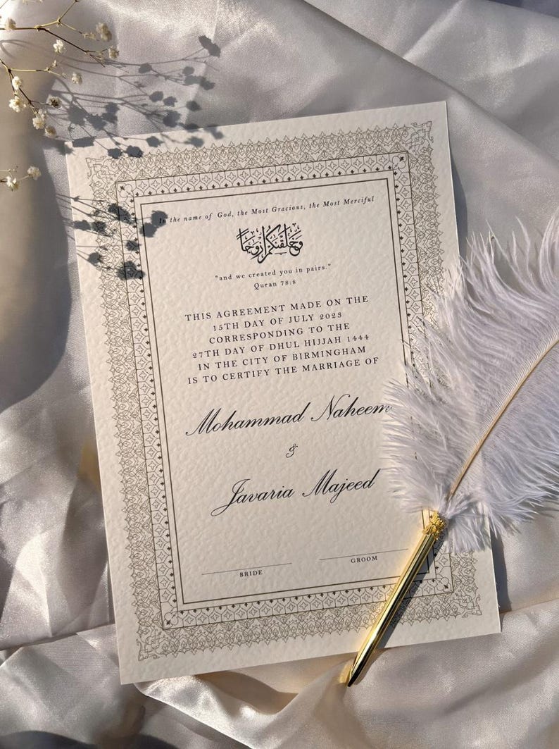 Luxury A4/A3 Nikkah Certificate, Premium Islamic Wedding Contract