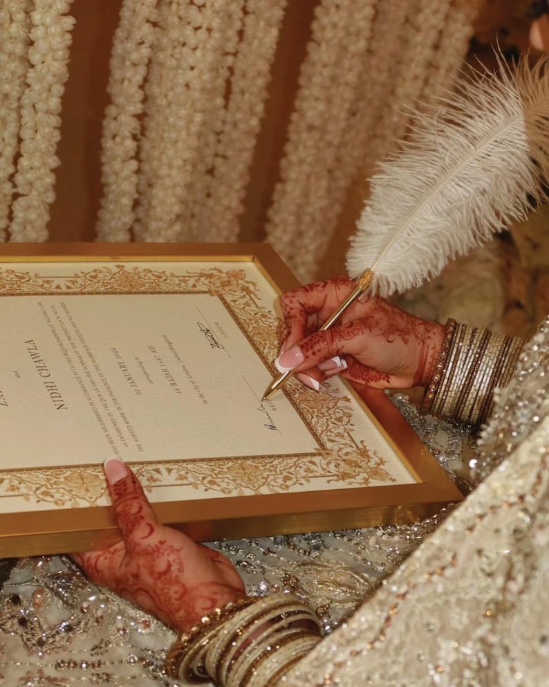 Luksusowy certyfikat Nikkah, spersonalizowana umowa ślubu islamskiego (A4/A3), złoty ślub islamski A4, Nikkah Nama, muzułmański certyfikat ślubu zdjęcie 8
