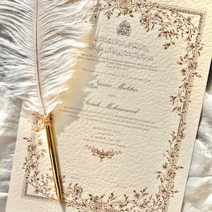 Floral Nikkah Zertifikat (Mahek Gold), Gold A4 / A3 Islamischer Hochzeitsvertrag, Nikkah Nama, Muslimische Heiratsurkunde, personalisierte Namen