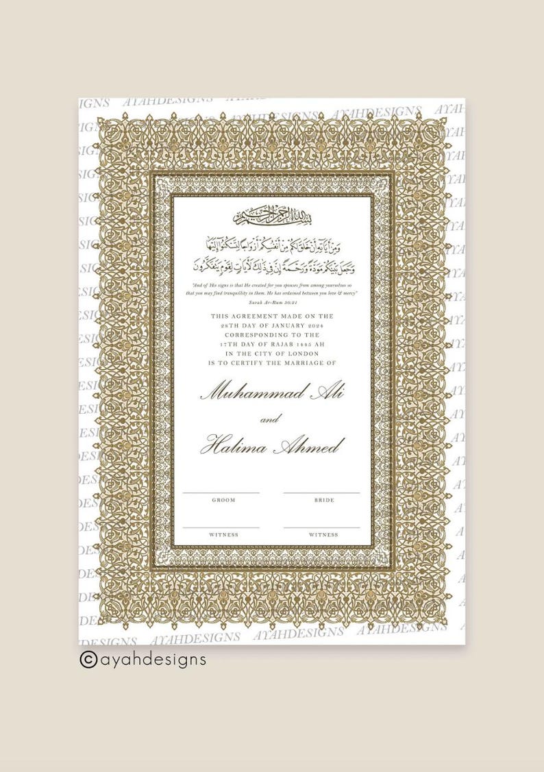 framed nikkah certificate, a3 luxury Islamic certificate, A4 nikkah certificate with witnesses, nikkah document frame, nikkah certificate and frame, decorative nikkah certificate, hand-painted nikkah certificates, personalised wedding nikah