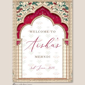 Peut inclure: Panneau d&eacute;coratif avec un motif floral et le texte "WELCOME TO Aishas MEHNDI 3rd June, 2025". Le panneau pr&eacute;sente une arche rouge et des motifs floraux.