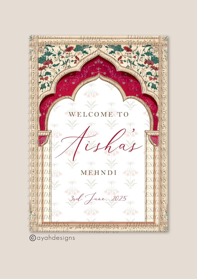 Peut inclure: Panneau d&eacute;coratif avec un motif floral et le texte "WELCOME TO Aishas MEHNDI 3rd June, 2025". Le panneau pr&eacute;sente une arche rouge et des motifs floraux.