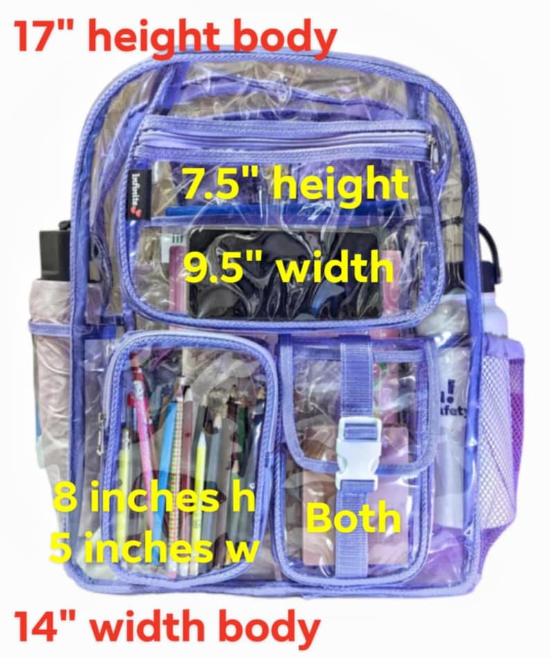 Op de afbeelding: Transparante rugzak van plastic met paarse afwerking en meerdere vakken. De rugzak is 43 cm hoog en 36 cm breed. Het hoofdvak is 19 cm hoog en 24 cm breed. Een kleiner vak meet 20 cm hoog en 13 cm breed.