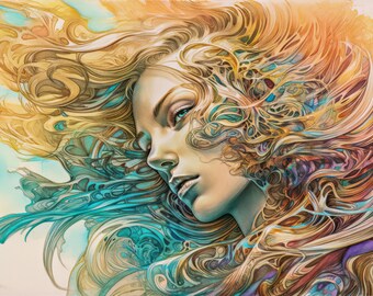 Ölstift und Aquarell Meerjungfrau in Regenbogentönen