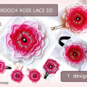 Rose brooch, free standing lace 3d, FSL design, 4x4hoop, Machine embroidery file, No.61, INSTANT DOWNLOAD