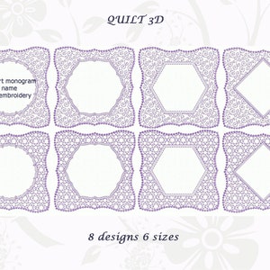 Puede incluir: Ocho diseños de colcha en seis tamaños, con intrincados patrones de encaje morado con un espacio en blanco para un monograma, nombre o bordado. El texto "QUILT 3D" está en la parte superior de la imagen. El texto "8 designs 6 sizes" está en la parte inferior de la imagen.