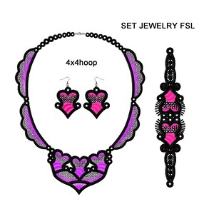 Può includere: Un set di gioielli con collana, orecchini e bracciale. La collana e il bracciale hanno un design a perline nere con accenti rosa e viola. Gli orecchini sono a forma di cuore con dettagli rosa e neri. Il testo "SET JEWELRY FSL" è visibile.