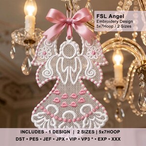 May include: An embroidered angel ornament with a pink bow and ribbon. The angel is white with pink accents and a detailed design. Text on the image reads "FSL Angel Embroidery Design 5x7Hoop / 2 Sizes". The bottom of the image includes text about the design.