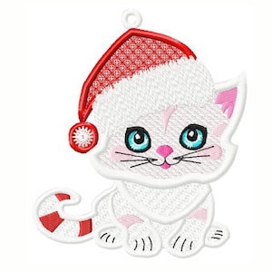 May include: White cat wearing a red Santa hat with white trim. The cat has pink ears and a candy cane tail.