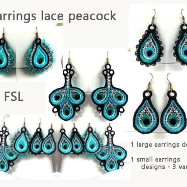 Earrings lace - set - peacock No.192 - FSL - dentelle - designs - Machine embroidery digitze. /INSTANT DOWNLOAD