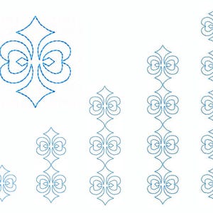 Pode incluir: Um conjunto de cinco padrões decorativos azuis, incluindo um padrão grande único e quatro padrões verticais de comprimentos variados. Os padrões são compostos por formas de coração e losangos repetidos.