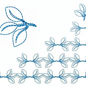 Könnte beinhalten: Eine blaue Umrandung eines Blatt-Zweigs mit drei Blättern. Der Zweig wird in einem Muster aus drei Reihen wiederholt, wobei jede Reihe immer größer wird.