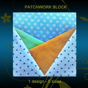 Peut inclure: Un bloc de patchwork carré avec un motif à pois bleu, des sections vertes et orange. Le texte indique "PATCHWORK BLOCK" et "1 design - 5 sizes".