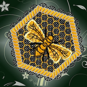 May include: A yellow and black bee embroidered on a black and gold honeycomb design. The bee is surrounded by a gold rope border and a black lace design.