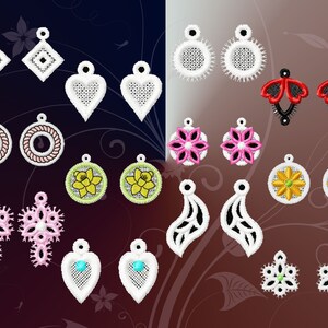 Pode incluir: Uma coleção de 16 designs de bordado diferentes para brincos. Os designs incluem corações, flores, folhas e formas geométricas. Os brincos são todos brancos com vários acentos coloridos.