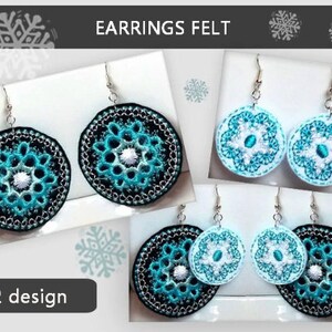 May include: Felt earrings in two designs. One design features a black border with turquoise and white detailing, while the other has a white base with turquoise and white embroidery. The text "EARRINGS FELT" is at the top.